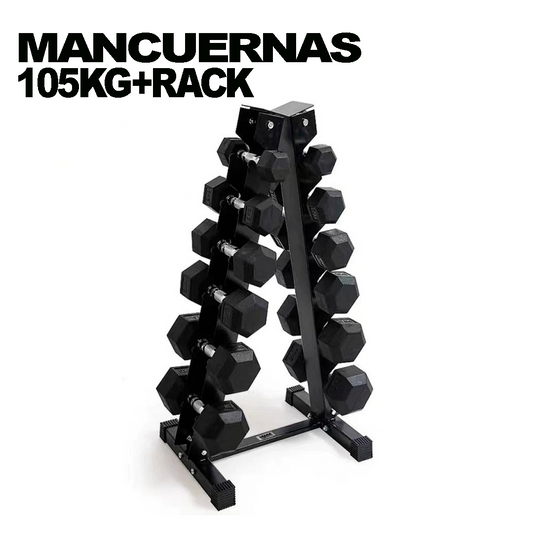 Pack 105kg Mancuernas Hexagonales + Rack